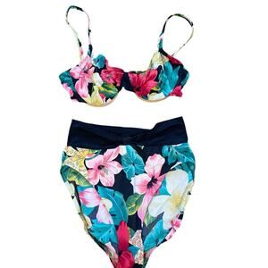 60’s 70’s Vintage Deweese California 2-pc High Waist Floral Print, Pin-Up 14